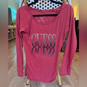 Vintage Y2K GUESS Women's Red Long Sleeve Embellished Top Size Medium